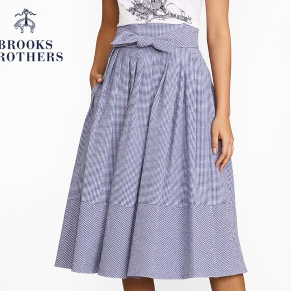 Brooks Brothers Blue A-Line Skirt gingham small medium blue white ties bow 8 s m - Picture 3 of 3